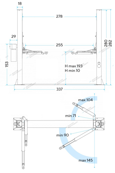 Подъемник двухстоечный 4 т с нижней синхронизацией, H=2,8 м, 380 В, синий STX40TT