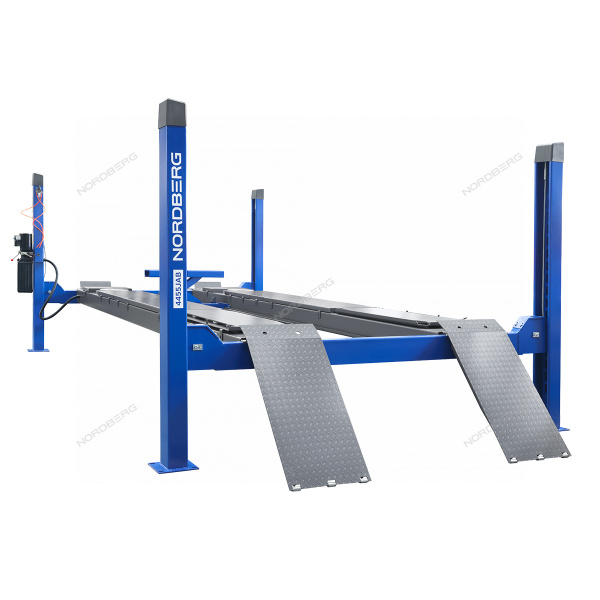 Подъемник четырехстоечный 5.5 т, с пневмогидравлической траверсой 2.7 т, для сход-развала, 380 В, синий 4455JAB